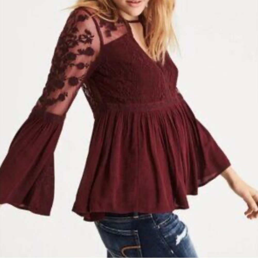 American Eagle Burgundy Floral Lace Bell Sleeve Blouse - Size Small
